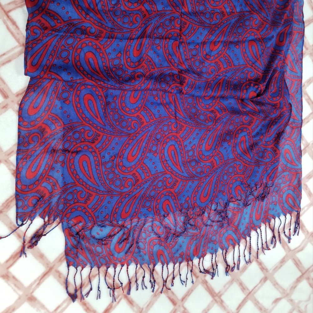 Large Blue & Red Large Paisley Scarf with Fringe